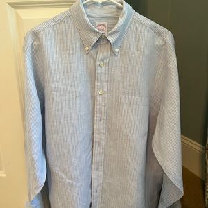 Brooks Brothers Irish Linen Men’s striped blue, white and brown dress shirt